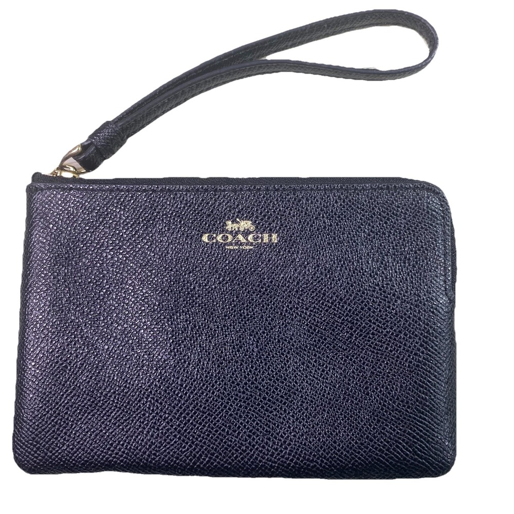 Coach Womens Crossgrain Black Leather Corner Zip Wristlet 4x6" EUC